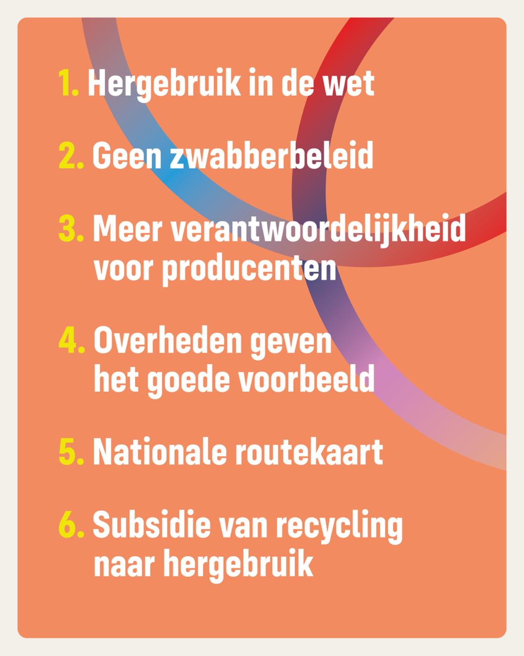 1. Hergebruik in de wet<br />
2. Geen zwabberbeleid<br />
3. Meer verantwoordelijkheid voor producenten<br />
4. Overheden geven het goede voorbeeld<br />
5. Nationale routekaart<br />
6. Subsidie van recycling naar hergebruik