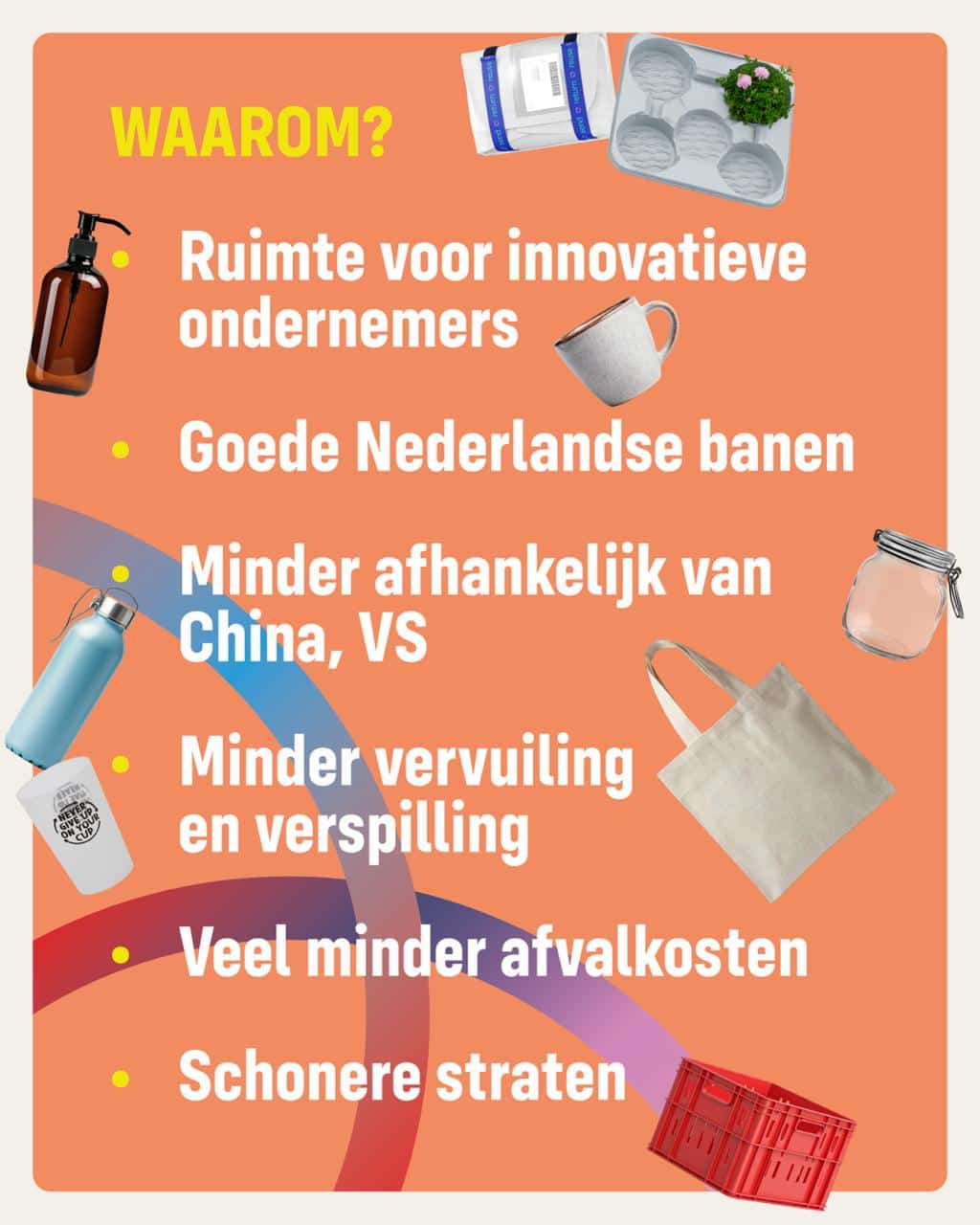 Waarom?<br />
- Ruimte voor innovatieve ondernemers<br />
- Goede Nederlandse banen<br />
- Minder afhankelijk van China, VS<br />
- Minder vervuiling en verspilling<br />
- Veel minder afvalkosten<br />
- Schonere straten